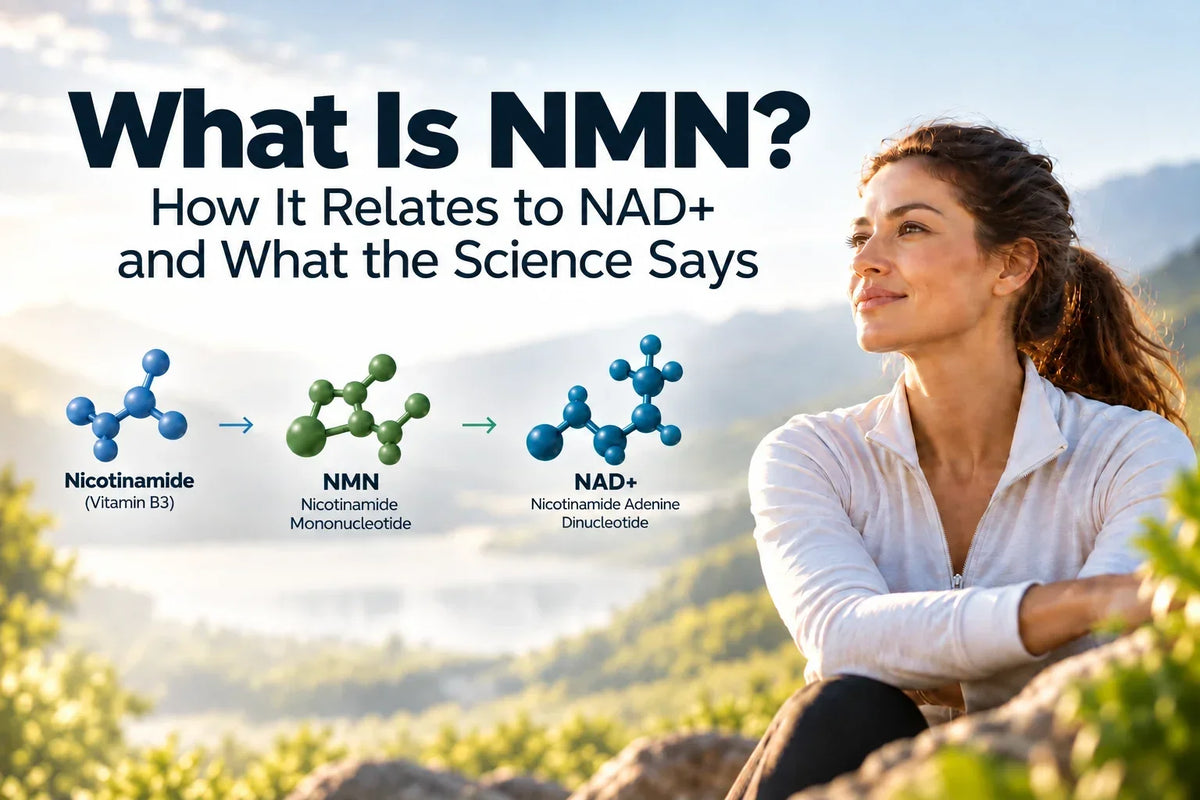 What is NMN and how it relates to NAD+, showing the pathway from nicotinamide to NMN to NAD+ with a healthy aging lifestyle setting.